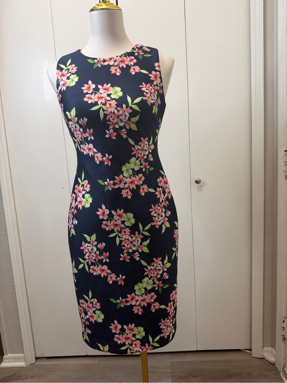 Floral Sheath Dress - Navy with Pink & Green Floral Stretchy